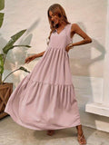 kkboxly  Drawstring Ruched Dress, Casual V Neck Sleeveless Maxi Dress, Women's Clothing