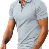kkboxly  Solid Color Men's Casual Short Sleeves Zipper Graphic Polo Shirts, Lapel Collar Tops Pullovers, Men's Clothing For Summer