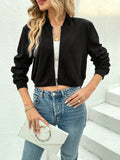 Solid Crew Neck Crop Jacket, Casual Zipper Front  Outerwear For Spring & Fall, Women's Clothing