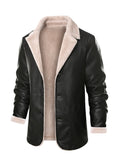 kkboxly Men's Stylish Solid Faux Leather Jacket With Pockets, Active Slightly Stretch Breathable Lapel Zip Up Long Sleeve Fleece Jacket  For Hiking Jogging Cycling Outdoor Fitness Workout