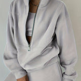 kkboxly  Casual Matching Two-piece Set, Zip Up Sweatshirt  & Solid Sweatpants Outfits, Women's Clothing