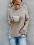 xieyinshe  Solid Turtle Neck Pullover Sweater, Casual Long Sleeve Split Sweater For Fall & Winter, Women's Clothing