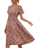 kkboxly  Floral Print V Neck Boho Dress, Slim Short Sleeve Casual Party Dress For Summer & Spring, Women's Clothing