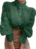 kkboxly  Women's Blouse Lace Puff Sleeve Lantern Sleeve Solid Pleated Women Blouse