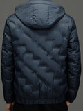 kkboxly  Men's Geometric Pattern Puffer Coat, Casual Zip Up Warm Hooded Jacket For Outdoor Winter