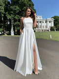 kkboxly  Plus Size Sexy Bridesmaid Dress, Women's Plus Solid Satin Square Neck High Slit Maxi Party Formal Dress With Pockets