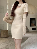 kkboxly  Cut Out Bodycon Knit Dress, Chic Crew Neck Short Sleeve Mini Dress With Arm Sleeve, Women's Clothing