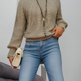 Solid Cable Knit Sweater, Casual Crew Neck Long Sleeve Sweater, Women's Clothing