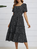 Kkboxly  Heart Print Midi Dress, Square Neck Drop Shoulder A-Line Dress, Women's Classic Casual Dresses For All Seasons, Women's Clothing