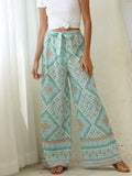 kkboxly  Floral Print Wide Leg Pants With Waist Belt, Boho Loose Pants For Spring & Summer, Women's Clothing
