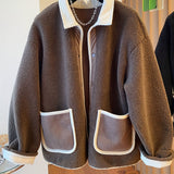 kkboxly  Contrast Trim Patched Pockets Outwear, Versatile Long Sleeve Button Front Coat For Fall & Winter, Women's Clothing
