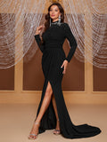 kkboxly  Rhinestoned Ruched Split Hem Dress, Elegant Long Sleeve Court Train Dress For Party & Banquet, Women's Clothing