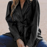 kkboxly  Long Sleeves Lapel Denim Jacket, Long Sleeves With Waistband Denim Coat, Women's Denim Clothing