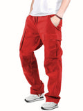 kkboxly  Men's Drawstring Multi-Pocket Heavyweight 100% Cotton Cargo Pants, Casual Pants, Straight Leg Pants, Men's Everyday, Outdoor Bottoms, Tactical Trousers