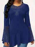 Solid Contrast Lace Crew Neck Asymmetrical Hem T-shirt, Elegant Long Flare Sleeve T-shirt, Women's Clothing
