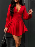 kkboxly Ruched Plunging Mini Dress, Elegant Long Sleeve Dress For Spring & Fall, Women's Clothing