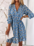 Kkboxly  Women's Dresses Puff Sleeve Floral Print Ruched Waist V-Neck Boho Dresses