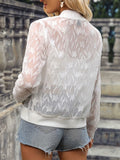 Floral Applique Zipper Mesh Jacket, Versatile Long Sleeve Jacket For Spring & Fall, Women's Clothing