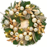 kkboxly 24 Inch Christmas Wreath with Lights for Front Door, Pre-Lit Large Christmas Wreath with 20 Lights, Artificial Xmas Wreath with Gold Leaves, Balls and Ornaments for Fireplace, Outdoor, Window