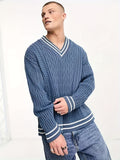 kkboxly  All Match Retro Knitted Cable Sweater, Men's Casual Loose Warm Mid Stretch V Neck Pullover Sweater For Men Fall Winter