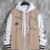 kkboxly Letter Print Varsity Jacket, Men's Casual Baseball Jacket Coat Regular Fit College Hipster Windbreaker For Spring Autumn