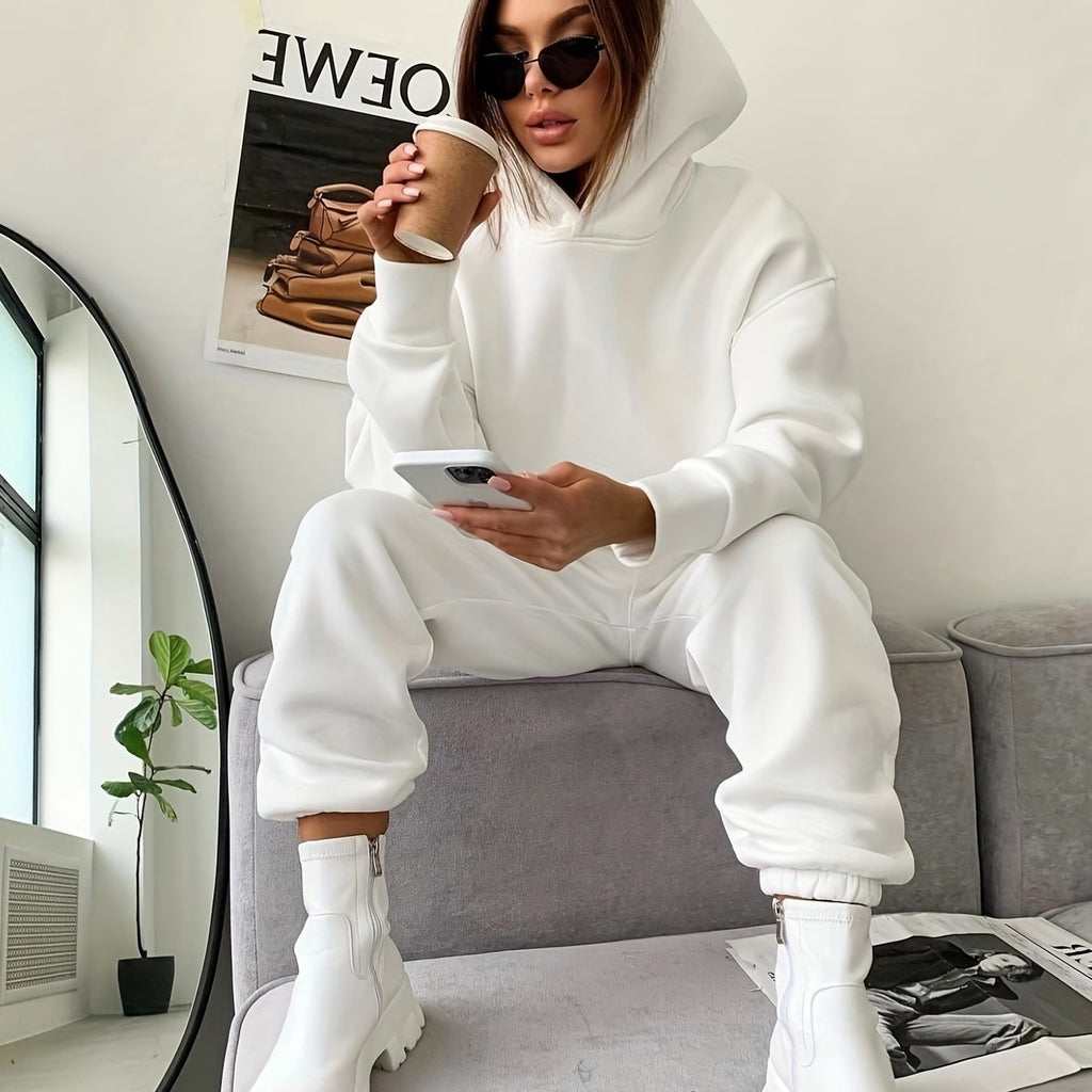 kkboxly  2pcs Solid Color Casual Suits, Long Sleeve Hooded Sweatshirts & High Waist Slant Pockets Jogger Pants Set, Women's Clothing