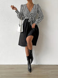 Houndstooth Print Splicing Dress, Elegant V Neck Long Sleeve Dress, Women's Clothing