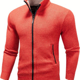 kkboxly  Warm Stand Collar Fleece Jacket, Men's Semi-formal Comfortable Solid Color Zip Up Knitted Cardigan For Spring Fall