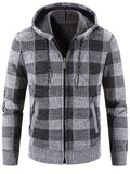 kkboxly  Men's Full Zip Up Casual Hooded Cardigan, Plaid Regular Fit Knit Sweater Jacket For Winter Fall