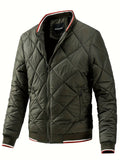 kkboxly  Men's Argyle Pattern Puffer Coat With Zipper Pocket, Casual Stand Collar Zip Up Slim Fit Warm Jacket For Outdoor Winter