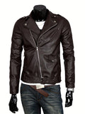 kkboxly  Stylish Slant Placket Biker Jacket, Men's Casual Solid Color Belt Zip Up Turndown Collar Faux Leather Jacket For Spring Fall