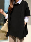 kkboxly  Plus Size Casual Knit Top, Women's Plus Solid Short Sleeve Round Neck Split Hem Loose Knit Top