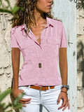 kkboxly  Solid Button Front Shirt, Casual Turn Down Collar Short Sleeve Summer Shirt, Women's Clothing
