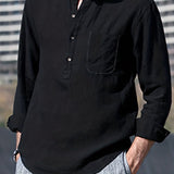 kkboxly  Cotton Linen Tops, Men's Plus Size Loose Casual Streetwear With Pocket, Simple All-match Solid O-Neck Long Sleeve Shirts