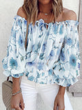 kkboxly  Off Shoulder Floral Print Blouse, Casual Ruffle Trim Blouse, Women's Clothing