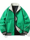kkboxly  Towel Letter Embroidery Men's Retro Striped Long Sleeve Zip Up Sports Jacket With Pockets, Preppy Style Outwear With Stand Collar