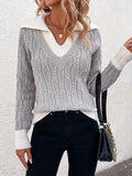 kkboxly  Color Block Cable Knit Pullover Sweater, Casual V Neck Long Sleeve Sweater, Women's Clothing