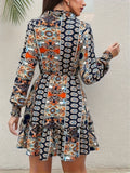 Ethnic Print Ruffle Hem Dress, Elegant V Neck Long Sleeve Dress, Women's Clothing