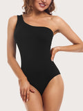 kkboxly  One Shoulder One Piece Bodysuit, Sexy Sleeveless Stretchy Bodysuit, Women's Clothing