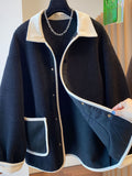 kkboxly  Contrast Trim Patched Pockets Outwear, Versatile Long Sleeve Button Front Coat For Fall & Winter, Women's Clothing