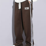 kkboxly  Men's Trendy Striped KDR Print Sweatpants, Casual Slightly Stretch Breathable Loose Joggers For Outdoor