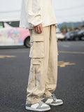 kkboxly Solid Color Men's Trendy Long Cargo Pants With Flap Pockets And Zipper Design, All Seasons Outdoor