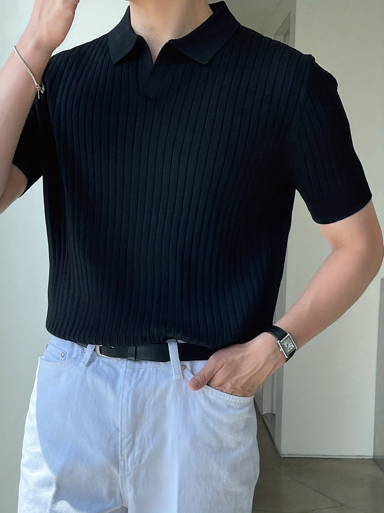 kkboxly  Knitting Short Sleeve Polo Shirts, V-neck Button Up Casual Tops, Men's Clothing