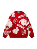 kkboxly  YWFG All Match Knitted Cute Rabbit & Wealth Chenille Embroidery Sweater, Men's Casual Warm Slightly Stretch Crew Neck Pullover Sweater For Men Fall Winter