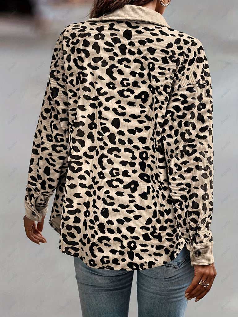 kkboxly  Plus Size Casual Jacket, Women's Plus Plain Leopard Print Flap Detail Long Sleeve Lapel Collar Button Decor Jacket