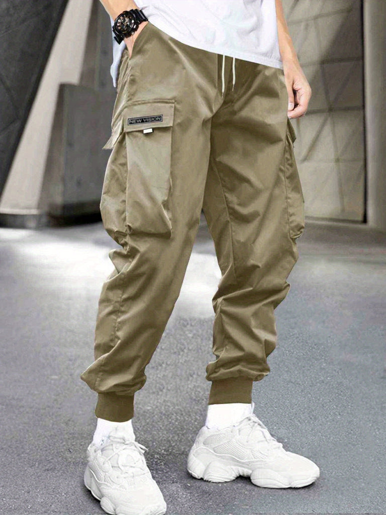 kkboxly Men's Stylish Letter Graphic Cargo Pants with Flap Pockets - Drawstring Waist for Comfort