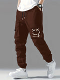 kkboxly  Smile Print, Men's Drawstring Cargo Pants, Flap Pocket Loose Trendy Jogger Pants, Mens Work Pants