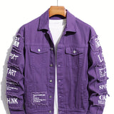 kkboxly  Men's Letter Print Denim Jacket, Casual Street Style Denim Jacket