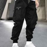 kkboxly Men's Stylish Letter Graphic Cargo Pants with Flap Pockets - Drawstring Waist for Comfort