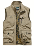 kkboxly  Zipper Pockets Cargo Vest, Men's Casual Outwear Stand Collar Zip Up Vest For Spring Summer Outdoor Fishing Photography